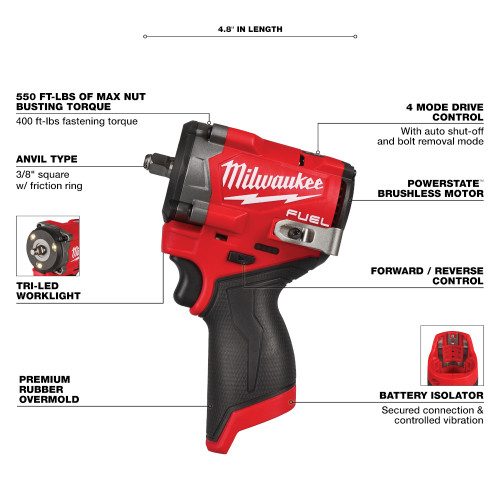 Milwaukee 2562-20 M12 FUEL Cordless Brushless 3/8 Inch Stubby Impact Wrench (Tool Only)