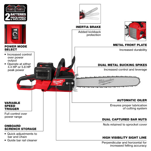 Milwaukee 2827-22 M18 FUEL Cordless Brushless 20 inch Dual Battery Chainsaw Kit