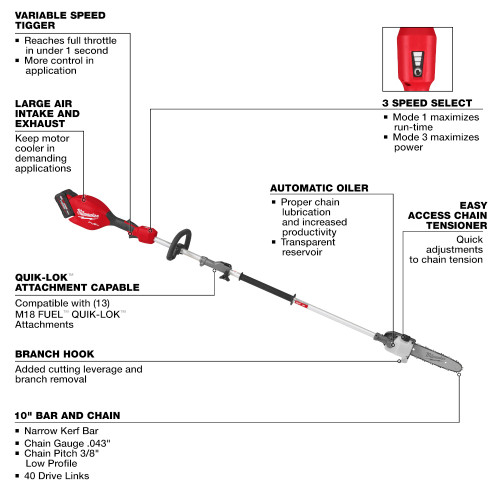 Milwaukee 3016-21PS M18 FUEL Cordless 10 Inch Pole Saw with QUIK-LOK Kit