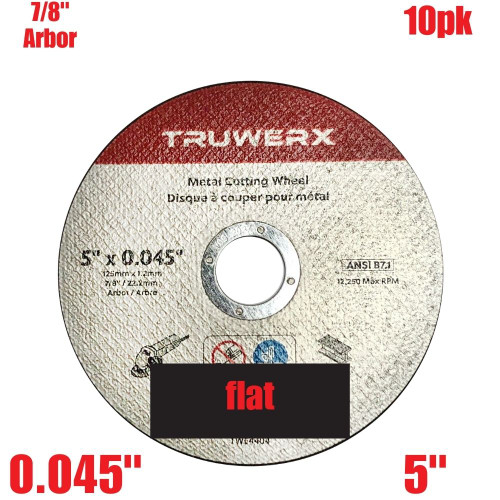 Truwerx 54404 5-inch x 0.045-inch x 7/8-inch Flat Cut-Off Wheels for Metal Cutting - 10pk