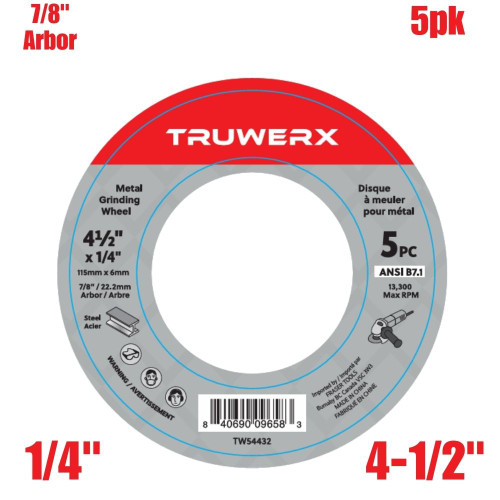 Truwerx 54432 4-1/2-inch x 1/4-inch x 7/8-inch Metal Grinding Wheels - 5pk