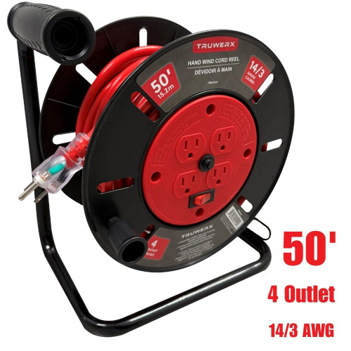 Truwerx 80194 50 ft. 14/3 Gauge 4 Outlet Hand Wind Cord Reel