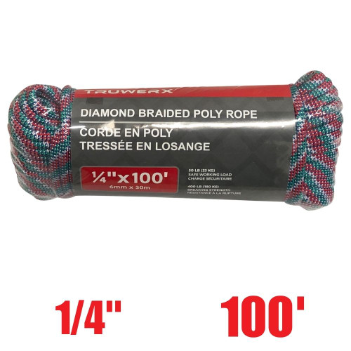 Truwerx 11048 1/4 inch x 100 ft. PP Diamond Braid Utility Rope - 32 Strand
