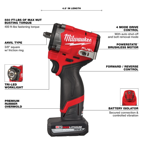 Milwaukee 2562-21 M12 FUEL Cordless Brushless 3/8 Inch Stubby Impact Wrench Kit