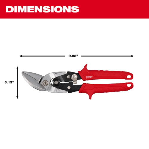 Milwaukee 48-22-4542 18GA Left Offset Snips showing dimensions of the snips