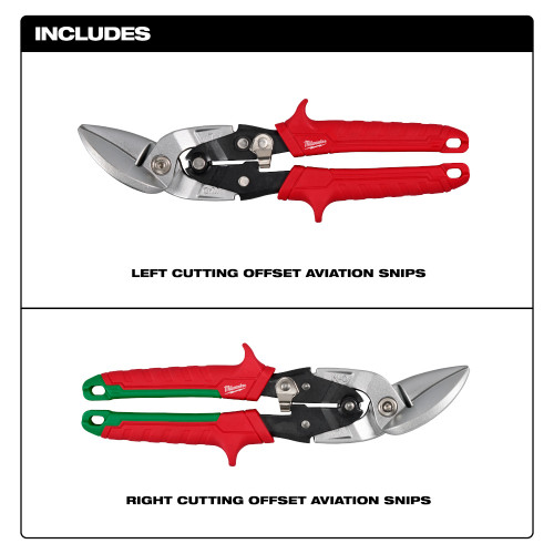 Milwaukee 48-22-4553 2pc Offset Snips Set showing inclusions of the set