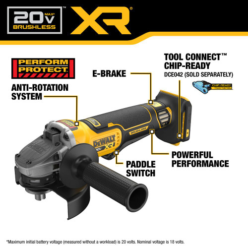DeWalt DCG410B 20V MAX XR Cordless Brushless 4-1/2 Inch / 5 Inch Variable Speed Paddle Switch Angle Grinder (Tool Only)