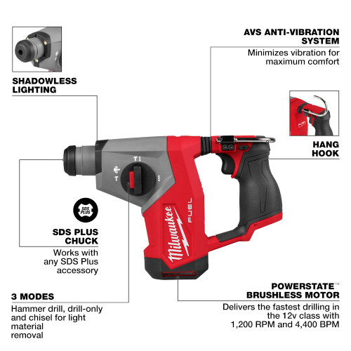 Milwaukee 2508-21XC M12 FUEL Cordless Brushless 5/8 Inch SDS-Plus Rotary Hammer Kit