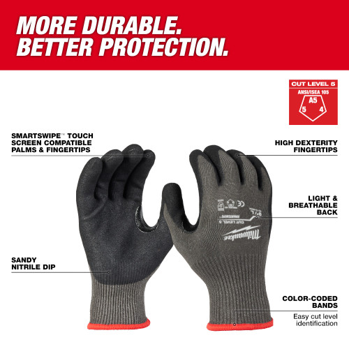 Milwaukee 48-73-8654 Cut Level 5 Nitrile Dipped Gloves – XXL showing features of the gloves