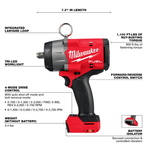 Milwaukee 2966-20 M18 FUEL Cordless Brushless 1/2 Inch High-Torque Impact Wrench with Pin Detent (Tool Only)