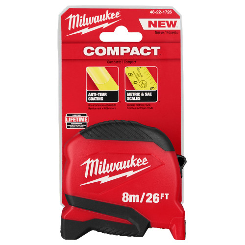 Milwaukee 48-22-1726 26ft/8m Compact Tape Measure showing tape measure in packaging