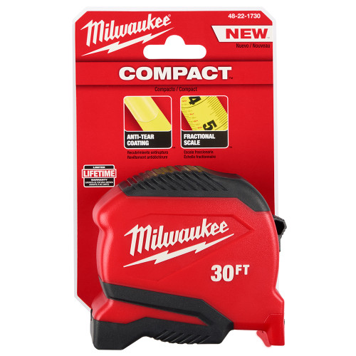 Milwaukee  48-22-1730 30ft Compact Tape Measure showing tape measure in packaging