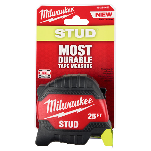 Milwaukee 48-22-1425 25ft Stud Tape Measure showing tape measure in packaging