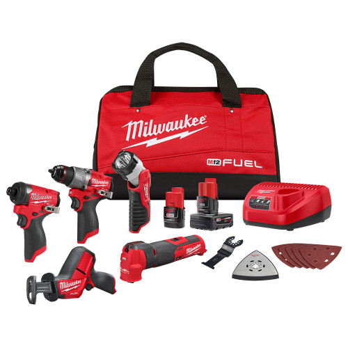 Milwaukee 3497-25 M12 5-Tool Cordless 1/2 Inch Hammer Drill / 1/4 Inch Hex Impact Driver / Oscillating Multi-Tool / HACKZALL Reciprocating Saw / Work Light Combo Kit