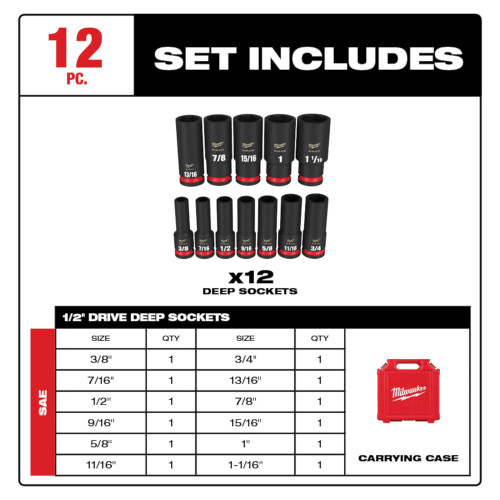 Milwaukee 49-66-7011 SHOCKWAVE Impact Duty 12pc 1/2 Inch SAE Deep 6 Point Socket Set