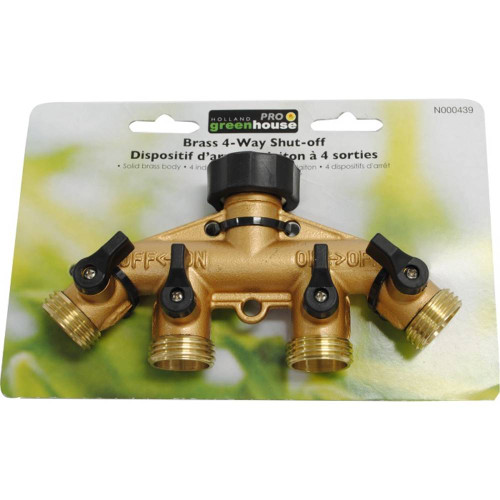 Holland Greenhouse N000439 4-Way Brass Shut-Off Valve showing in packaging