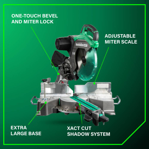 Metabo HPT C12RSH3M HPT 15 Amp 12in Dual Bevel Sliding Mitre Saw showing features of the tool