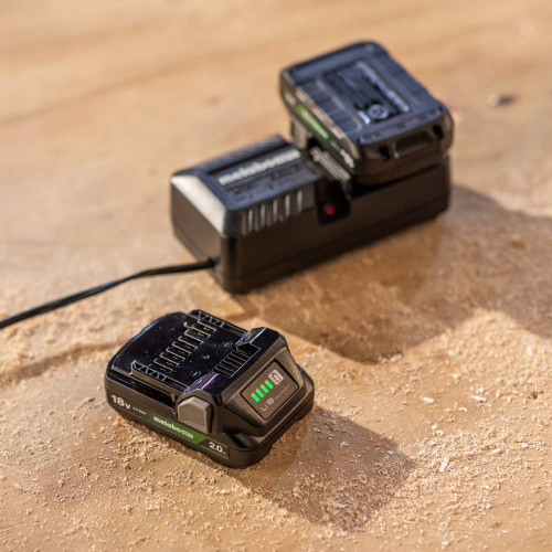 Metabo HPT UC18YKSLS 18V 2.0 Ah Batteries & Charger Starter Kit showing one battery charged while the other is charging