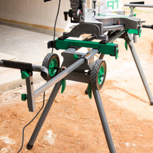 Metabo HPT UU240F Heavy-Duty Folding Mitre Saw Stand showing with saw mounted to the stand (Saw sold separately)