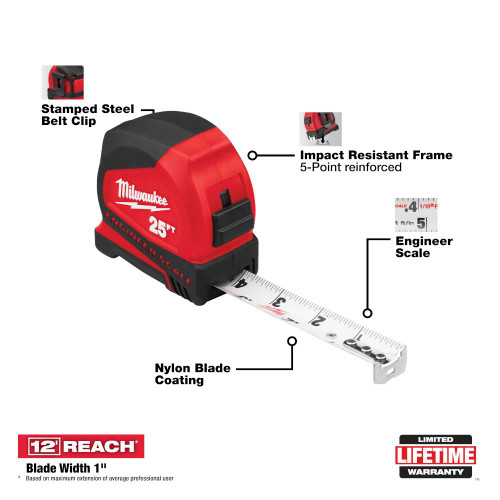 Milwaukee 48-22-6625B 25' Compact Tape Measure with Engineer Scale showing features of the tool