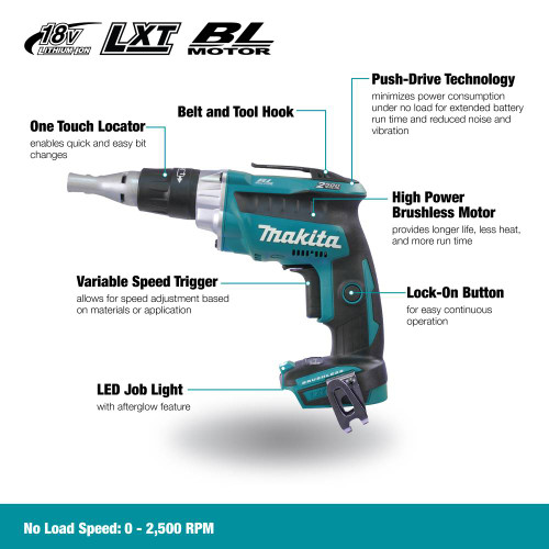 Makita DFS250Z 18V LXT Brushless 1/4in Screwdriver (Tool Only) showing features of the tool