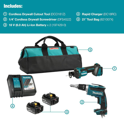 Makita DLX2473GX1 18V LXT 2-Tool Cordless Brushless Cut-Out Tool & Drywall Screwdriver Combo Kit showing inclusions of the kit