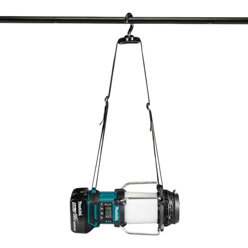 Makita DMR055 18V LXT Lantern Radio (Tool Only) showing in use hanging from a pipe with the attachable strap and hook