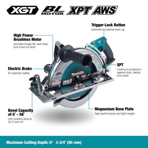 Makita RS002GM101 40V XGT Brushless 10-1/4in Circular Saw Kit showing features of the tool