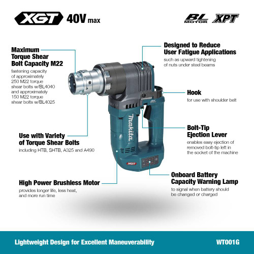 Makita WT001GZ 40V XGT Brushless Shear Wrench (Tool Only) showing features of the tool
