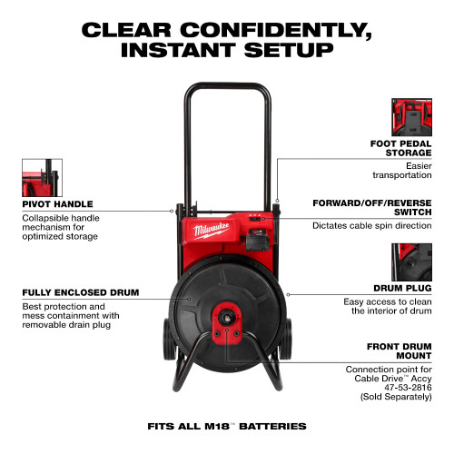 Milwaukee 2817A-21 18V DRUM MACHINE with 3/8in CABLE showing features of the tool
