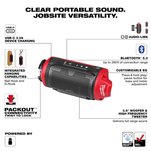 Milwaukee 2955-20 12V Bluetooth Jobsite Speaker with PACKOUT Compatibility (Tool Only) showing features of the tool