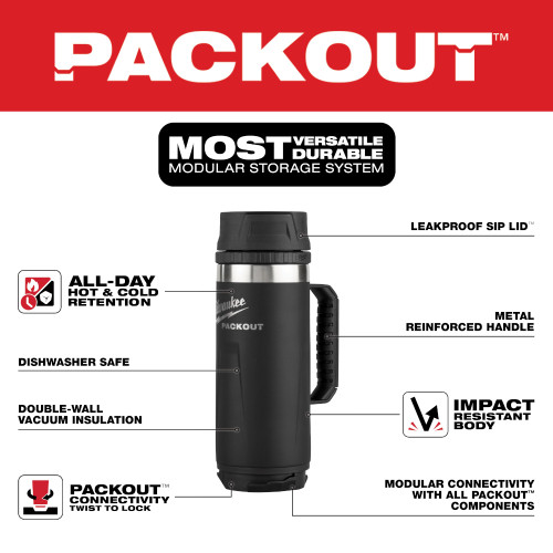 Milwaukee 48-22-8394B PACKOUT 18oz Insulated Mug with Sip Lid - Black infographics