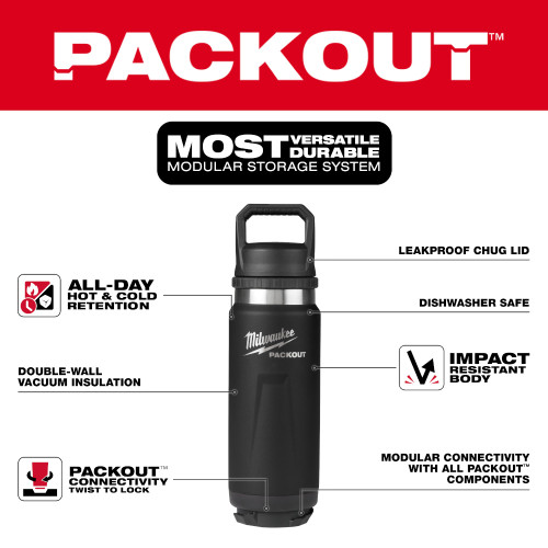 Milwaukee 48-22-8396B PACKOUT 24oz Insulated Bottle with Chug Lid - Black infographic