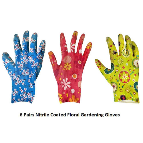 Truwerx 70040 6 Pairs of Floral Nitrile Coated Gardening Gloves - Medium