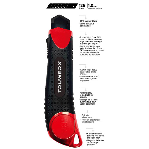 Truwerx 40060 25mm Heavy-Duty Utility Knife with Extra Thick Blade infographic