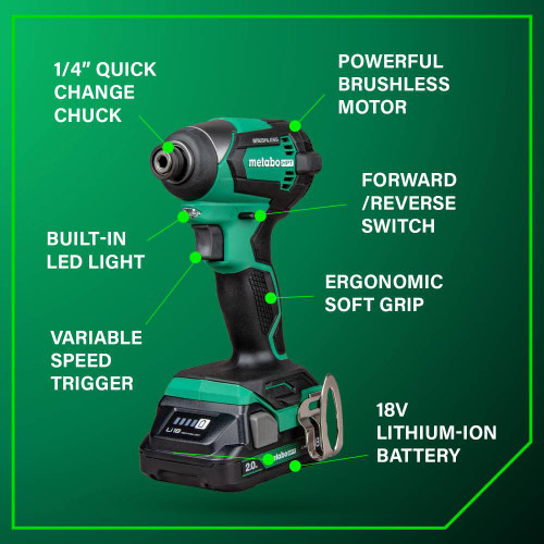 Metabo HPT KC18DEXQBM 18V MultiVolt 2-Tool Cordless Brushless 1/2in Drill/Driver & 1/4in Impact Driver Combo Kit showing features of the drill