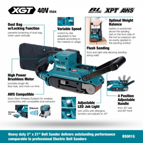 Makita BS001GZ 40V MAX XGT Cordless Brushless 3in x 21in Belt Sander (Tool Only) showing features of the sander