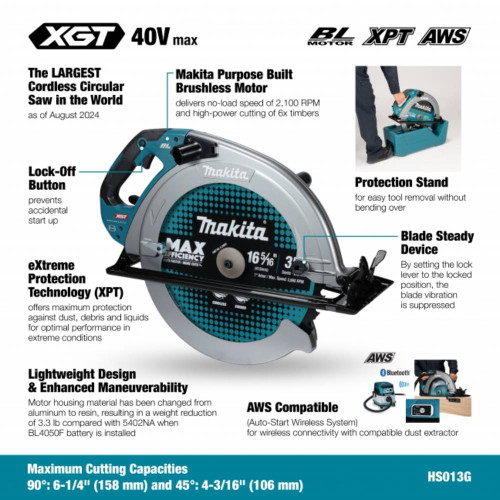 Makita HS013GZ 40V MAX XGT Cordless Brushless 16-5/16in Circular Saw (Tool Only) showing features of the drill