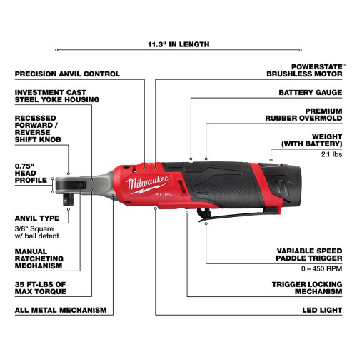 Milwaukee 2567-22 M12 FUEL Cordless Brushless 3/8in High Speed Stubby Ratchet Kit showing features of the tool
