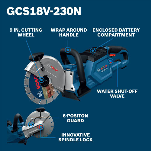 Bosch GCS18V-230N 18V Cordless Brushless 9 inch Cut-Off Saw (Tool Only) showing features of the tool