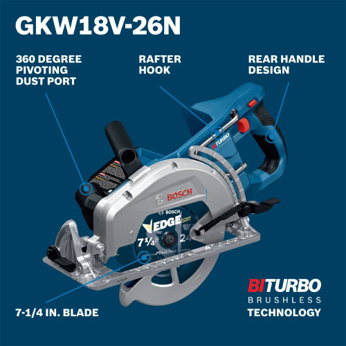 Bosch GKW18V-26N PROFACTOR 18V Cordless Brushless 7-1/4 inch Rear Handle Circular Saw (Tool Only) showing features of the tool