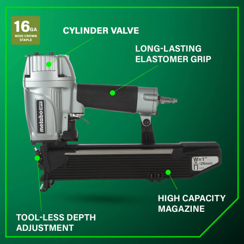 Metabo HPT N5024A2 16 Gauge 1 inch Wide Crown Stapler showing features of the tool