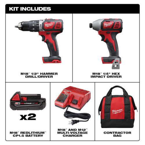 Milwaukee 2697-22CT M18 2-Tool Cordless 1/2 inch Hammer Drill & 1/4 inch Hex Impact Driver Combo Kit showing inclusions of the kit