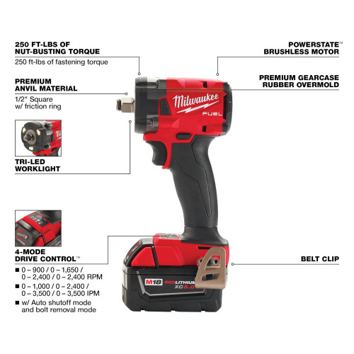 Milwaukee 2855-22R M18 FUEL 1/2 inch Cordless Brushless Compact Impact Wrench Kit showing features of the tool