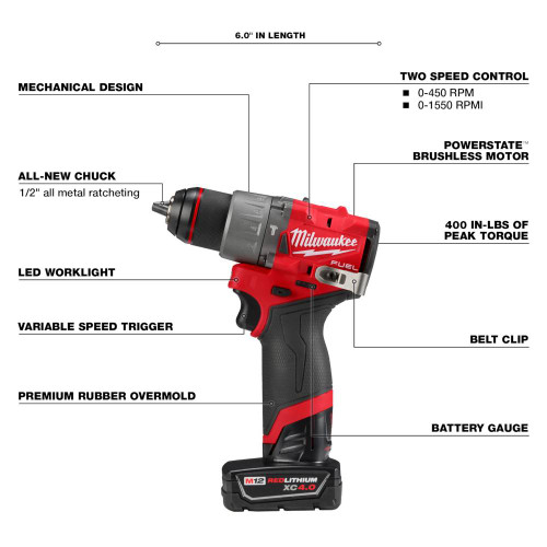 Milwaukee 3404-22 M12 FUEL 1/2 inch Hammer Drill/Driver Kit showing features of the tool