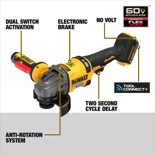 DeWalt DCG418SHDB FLEXVOLT 60V MAX Cordless Brushless 4-1/2in - 6in Side Handle Detect Angle Grinder (Tool Only) showing feature of the grinder