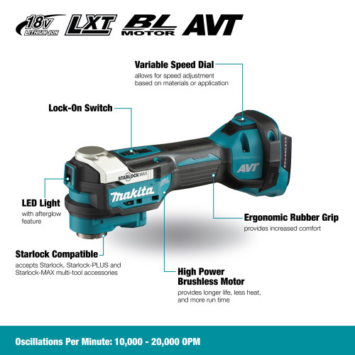 Makita DTM52Z 18V LXT Cordless Oscillating Multi Tool (Tool Only) showing features of the multi-tool