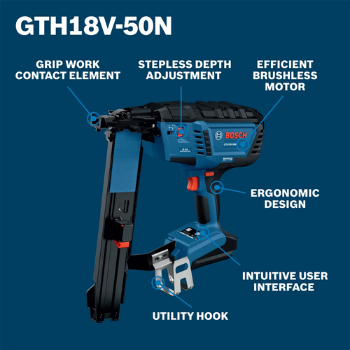 Bosch GTH18V-50MN 18V Cordless Brushless 16-Gauge 7/16in Medium Crown Stapler (Tool Only) showing features of the stapler