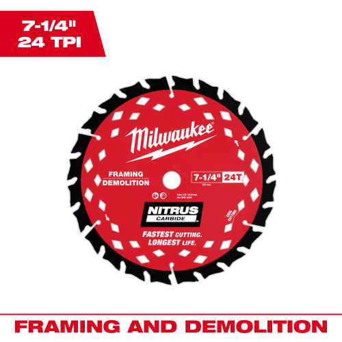 Milwaukee 48-41-0750 7-1/4 inch24T NITRUS Carbide Framing & Demolition Circular Saw Blade