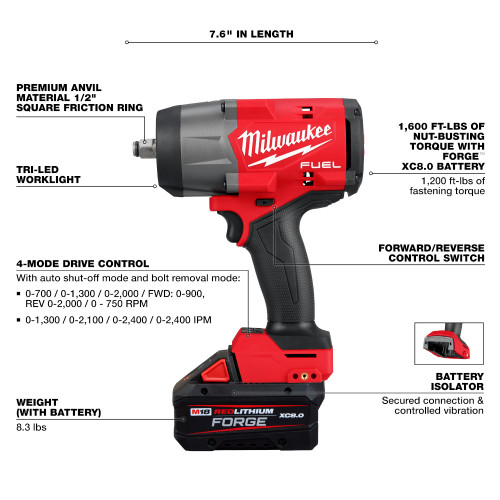 Milwaukee 2967-21F M18 FUEL Cordless Brushless 1/2 Inch High-Torque Impact Wrench with Friction Ring Kit